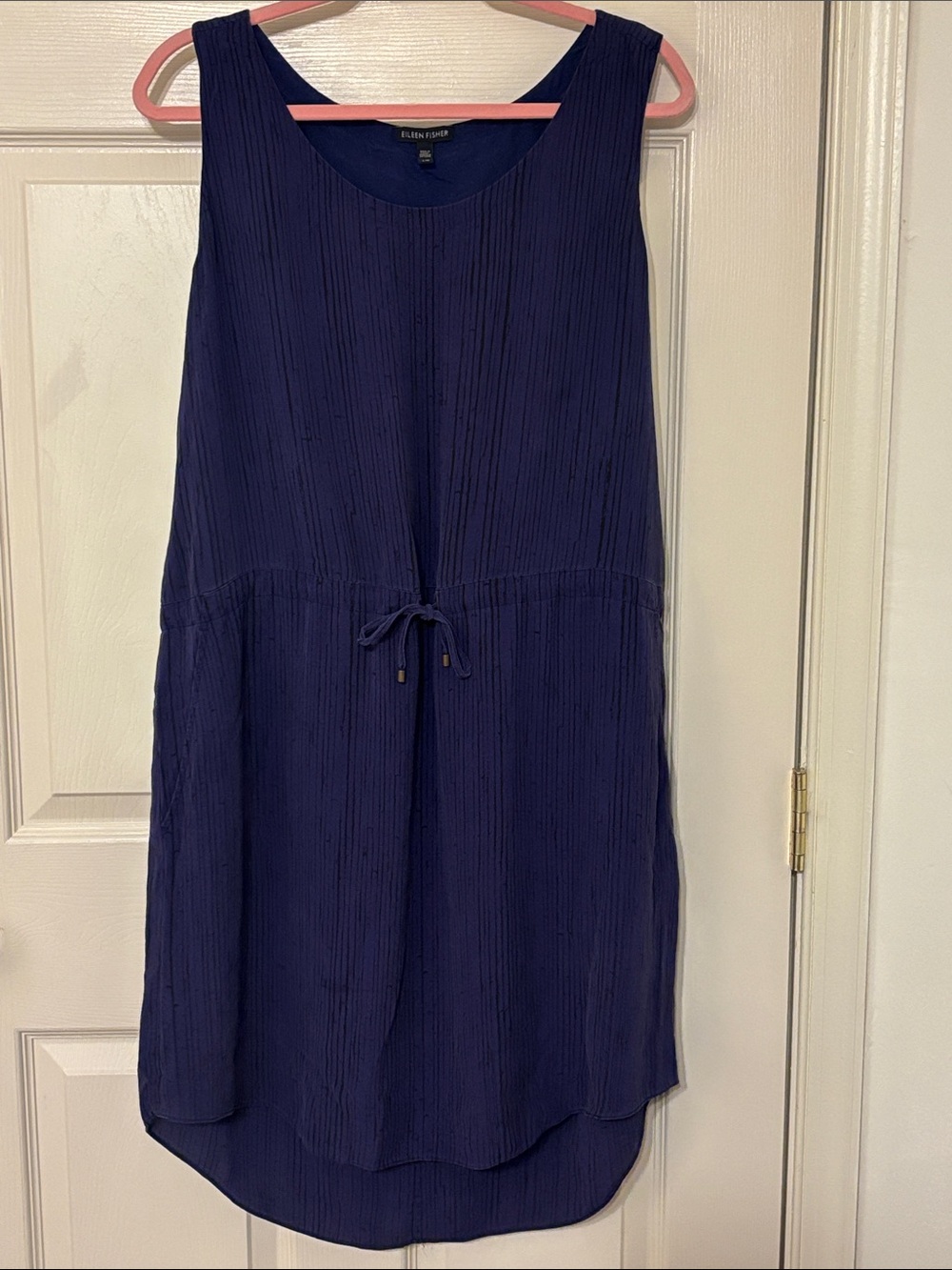 Eileen Fisher Navy Silk Sleeveless Dress with Pockets and Drawstring Waist L